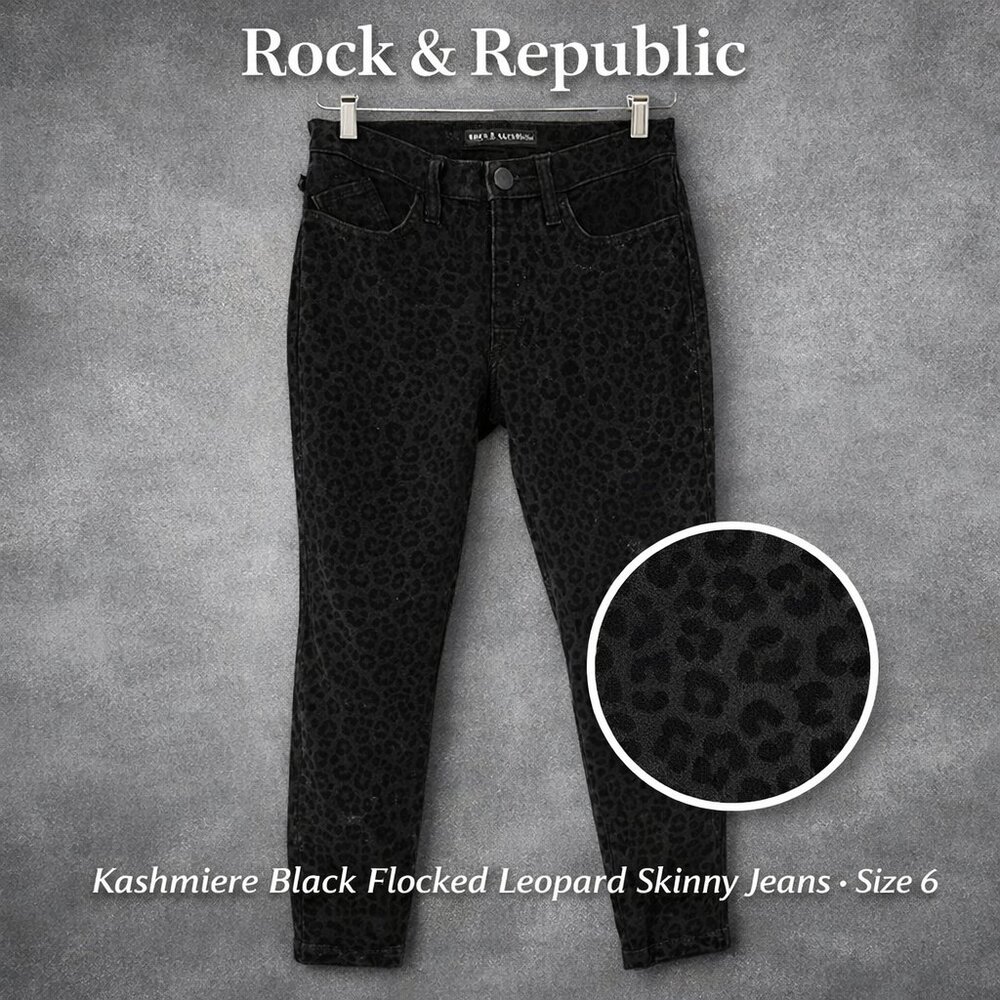 Rock & Republic Kashmiere Black Flocked Leopard Skinny Jeans Size 6